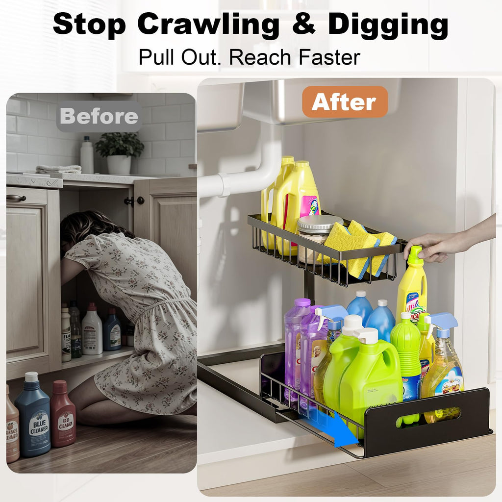 REALINN Under Sink Organizer, L-Shaped Pull Out Cabinet Kitchen