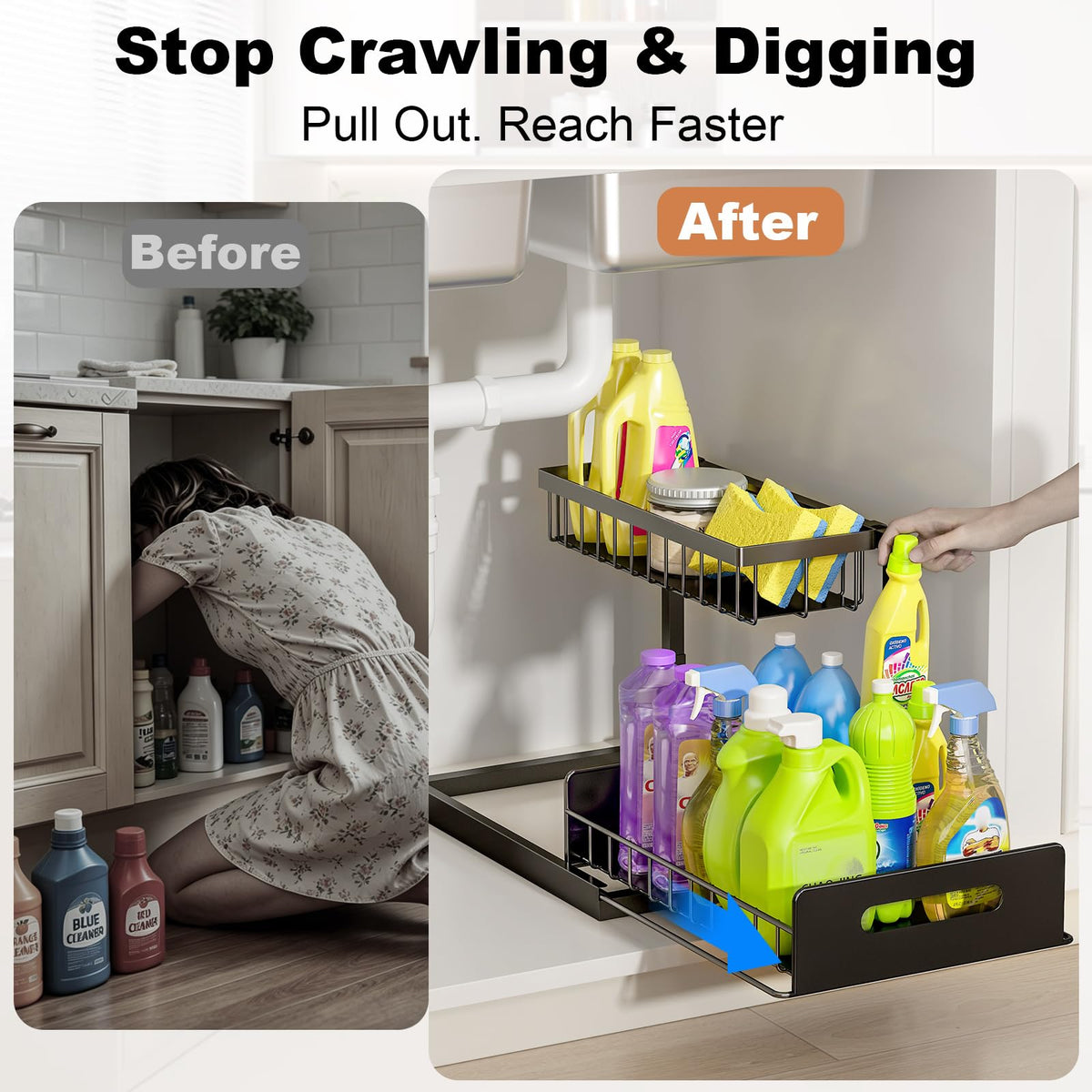 REALINN Under Sink Organizer, L-Shaped Pull Out Cabinet Kitchen