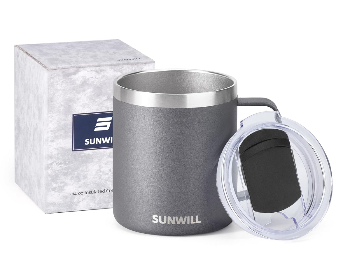 SUNWILL Insulated Coffee Mug, Stainless Steel 14 oz, Splash-Proof Lid Powder Coated Navy Blue 14 Ounces