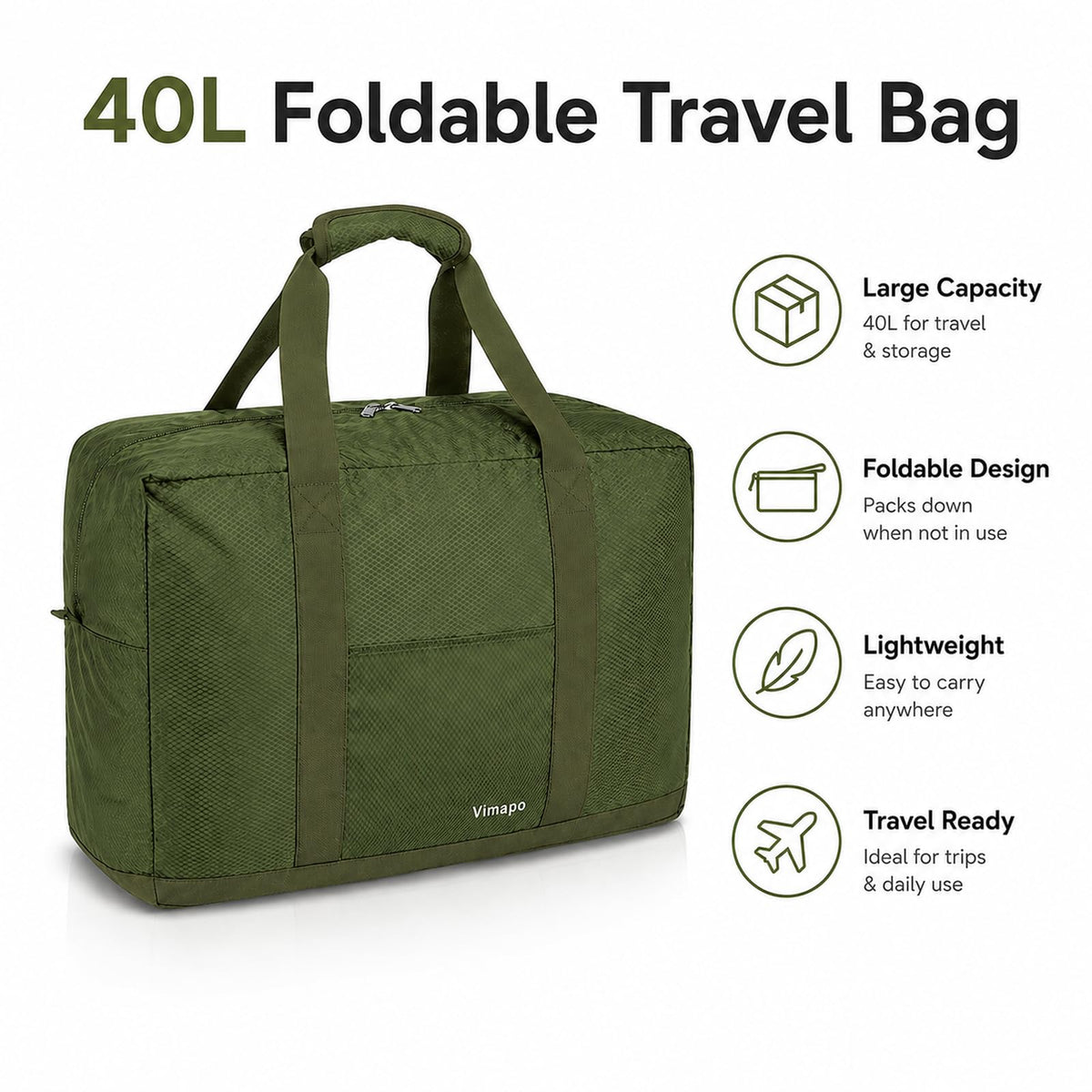 Foldable Travel Duffle Bag with Trolley Sleeve 40L Travel Bag Black