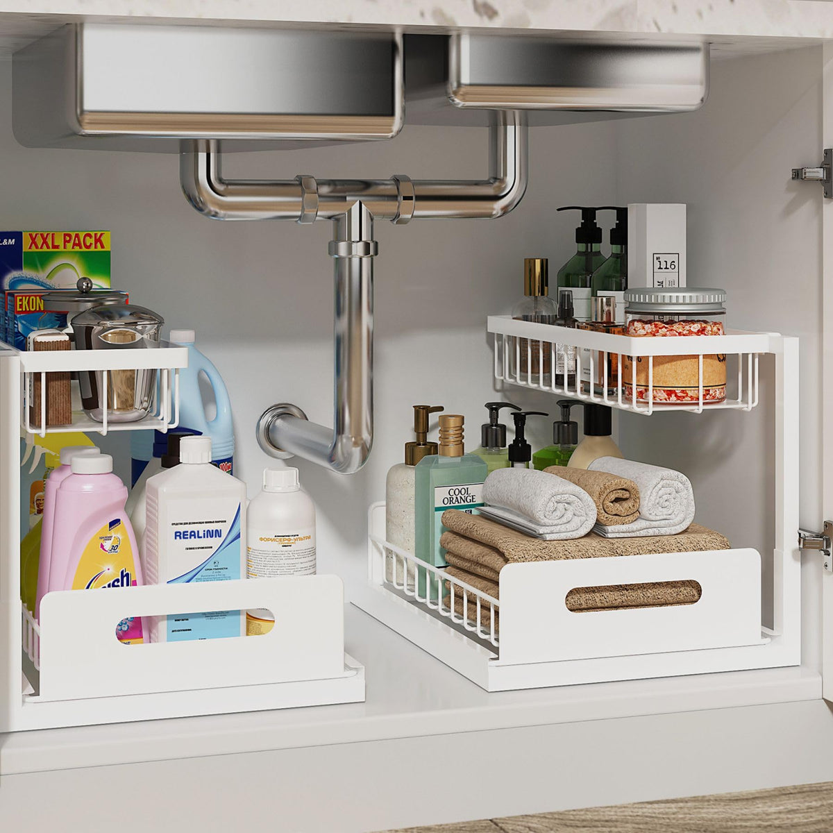 REALINN Under Sink Organizer, L-Shaped Pull Out Cabinet Kitchen
