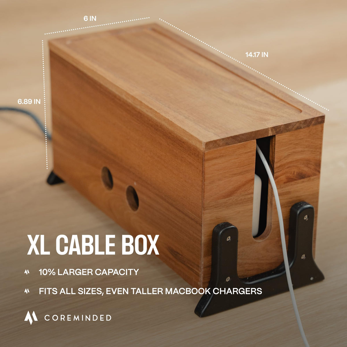 Large Wooden Cable Management Box and Cord Organizer