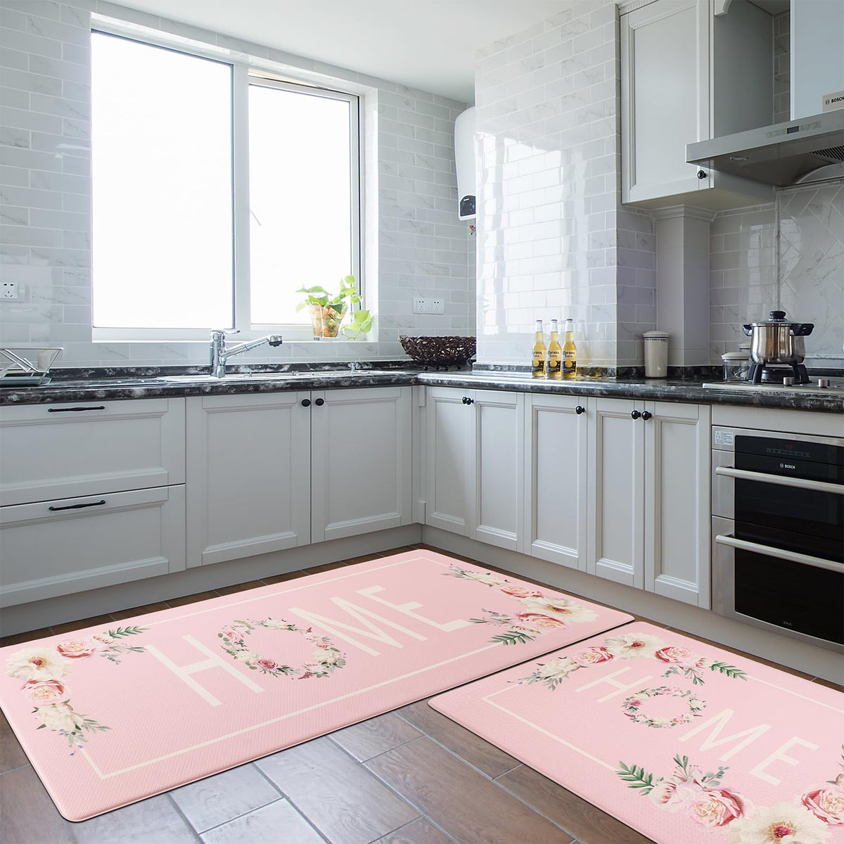 Floral Kitchen Mat Sets 2PCS Non Skid Waterproof Kitchen Rugs and Runner Sets Cushioned Anti-Fatigue Comfort Mat for Home,Office Memory Foam Kitchen Rug, 17.3"x30"+17.3"x47", Black/Pink 17"x30"+17"x47"--0.4 inches