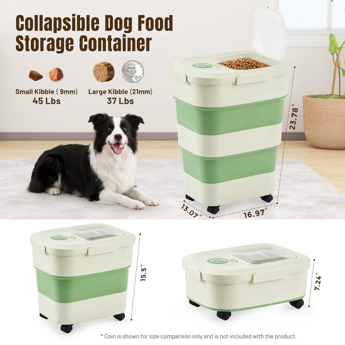 ZOMISIA 40-50lbs Collapsible Dog Food Storage Container with Wheels, Khaki