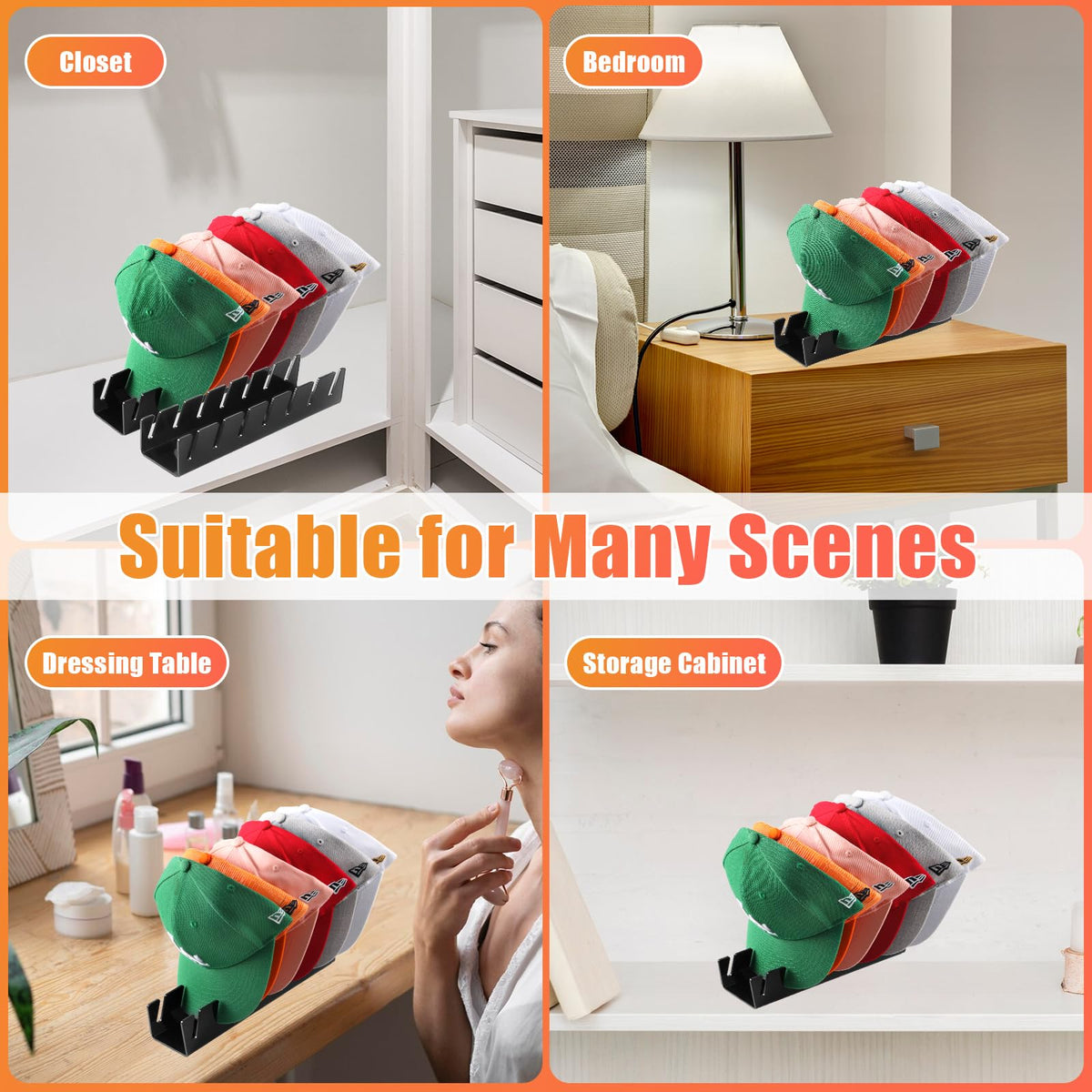 Hat Organizer for Baseball Caps Hat Rack Acrylic Hat Stand 4Pack No Install Clear-4Pack