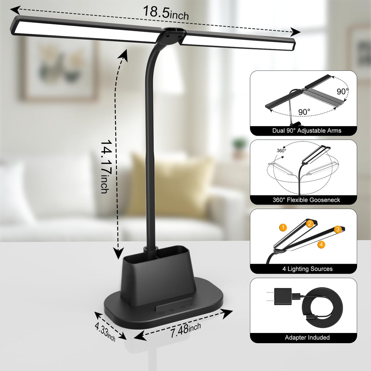 Airlonv LED Desk Lamp with Clamp, 17" Stepless Dimming Light, Black Standard