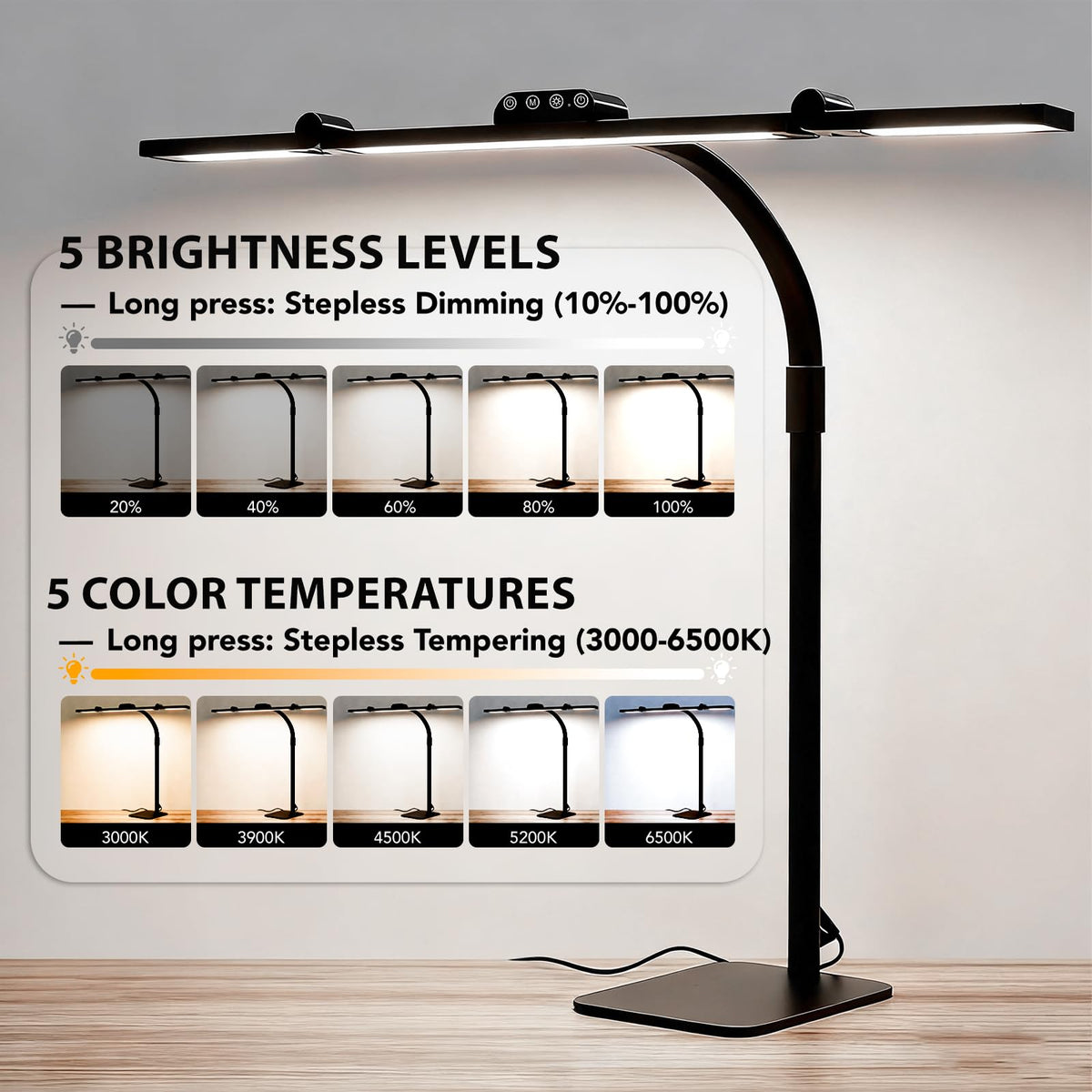 LED Desk Lamp for Home Office with Base, 28.2" Adjustable Gooseneck Swing Arm Ultra Bright Desk Light, Dimmable Architect Table lamp for Desktop Computer Light, Reading, Study, Workbench Black
