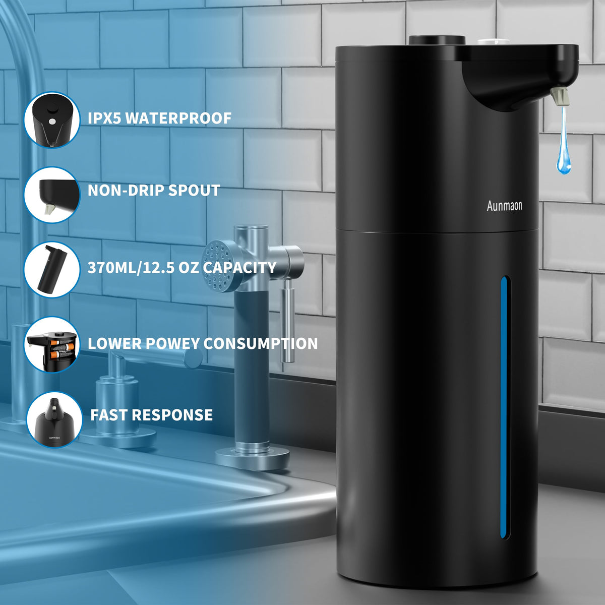 Automatic Soap Dispenser Touchless,15-Level,Kitchen Bathroom Black Bright Black