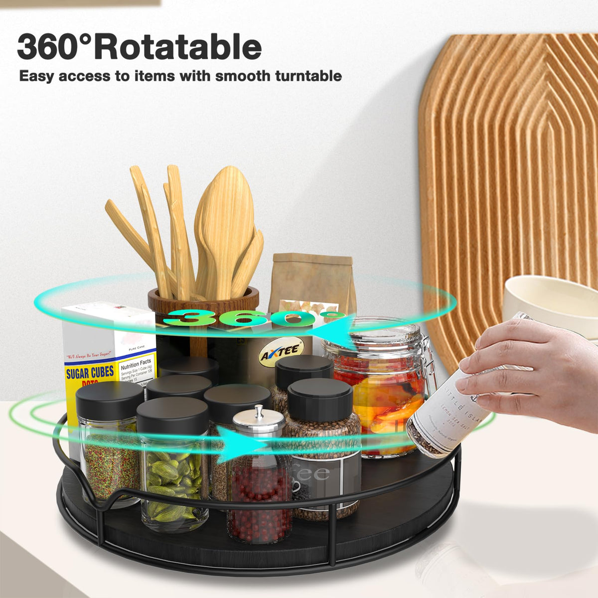 Lazy Susan Turntable Organizer for Cabinet Pantry Kitchen Countertop Refrigerator Cupboard, Pine Wood, 9", Carbonized Black 9''