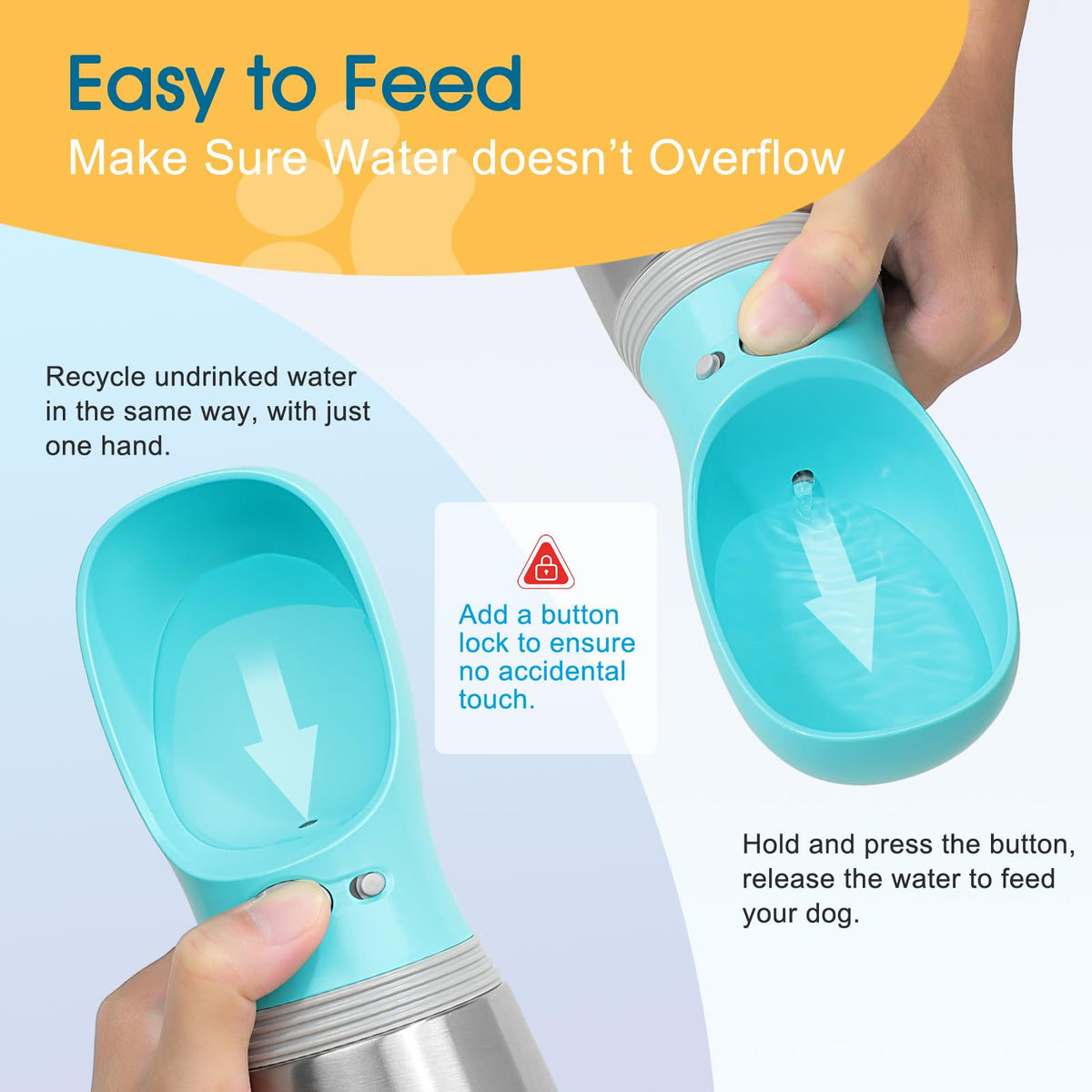 Portable Dog Water Bottle, 14 OZ Stainless Steel Pet Water Dispenser Button switch 14 OZ - Blue