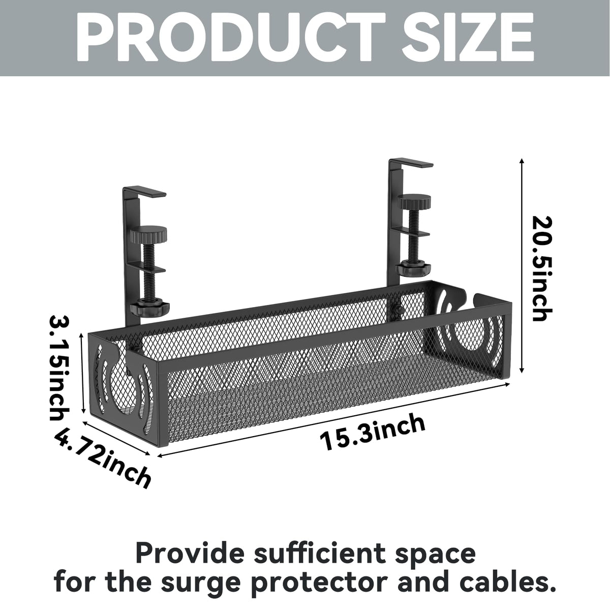 Cable Management, 25.3'' Under Desk Cable Management Tray No Drill 25.3 inch Black