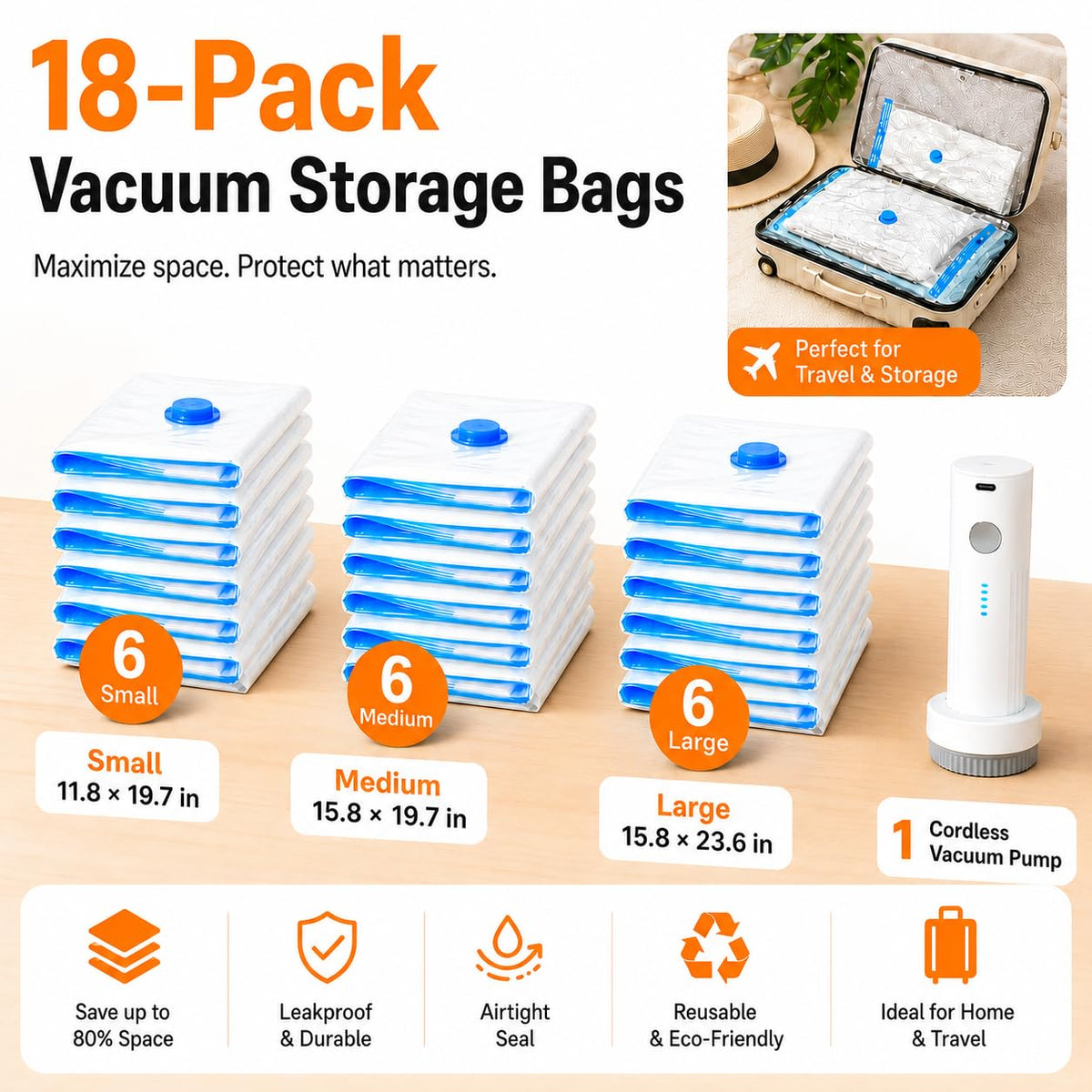 12 Pack Vacuum Bags for Travel with Rechargeable Pump, Save Luggage Space Clear 12 Combo