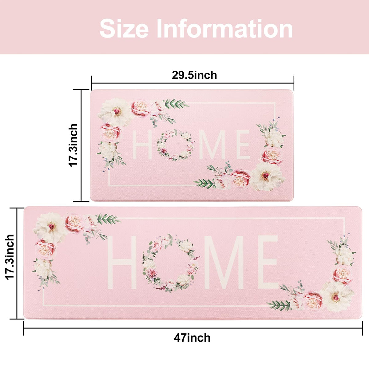 Floral Kitchen Mat Sets 2PCS Non Skid Waterproof Kitchen Rugs and Runner Sets Cushioned Anti-Fatigue Comfort Mat for Home,Office Memory Foam Kitchen Rug, 17.3"x30"+17.3"x47", Black/Pink 17"x30"+17"x47"--0.4 inches