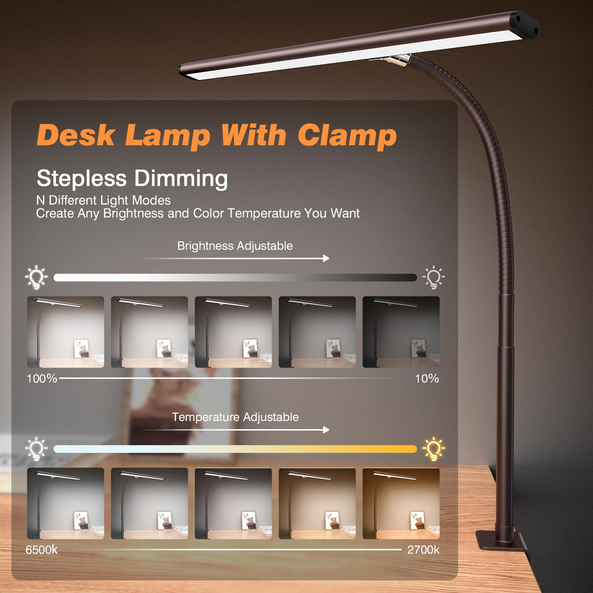 Airlonv LED Desk Lamp with Clamp, 17" Stepless Dimming Light, Black Standard