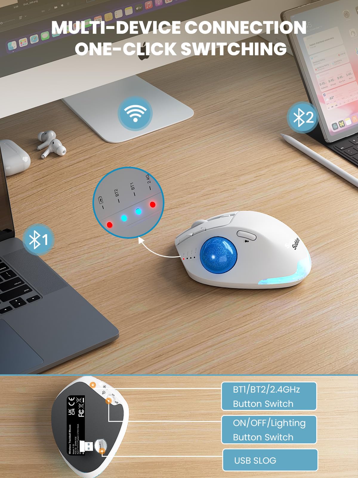 Ergonomic Wireless Trackball Mouse, Rechargeable Adjustable 0°/18° Angle Gray ball