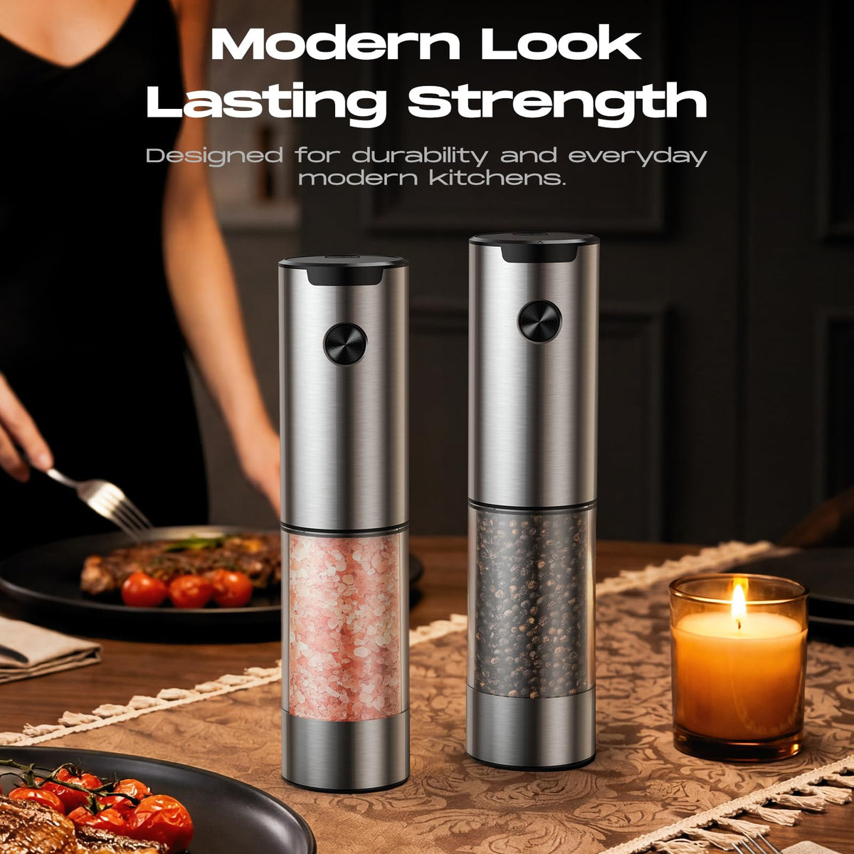 Electric Salt and Pepper Grinder Set, Battery Automatic Salt and Pepper Shaker with Adjustable Coarseness, Large Capacity Pepper Mill with LED White Elephant Gifts(Battery-Stainless Steel) Battery-Stainless Steel 2-Pack