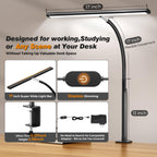 Airlonv LED Desk Lamp with Clamp, 17" Stepless Dimming Light, Black Standard