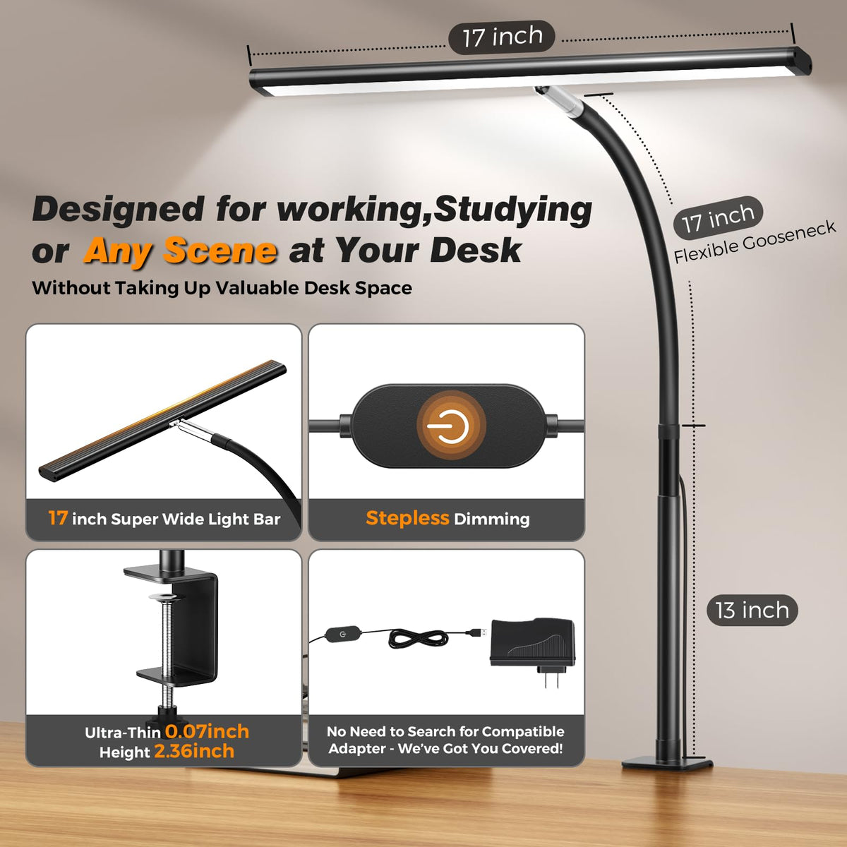 Airlonv LED Desk Lamp with Clamp, 17" Stepless Dimming Light, Black Standard