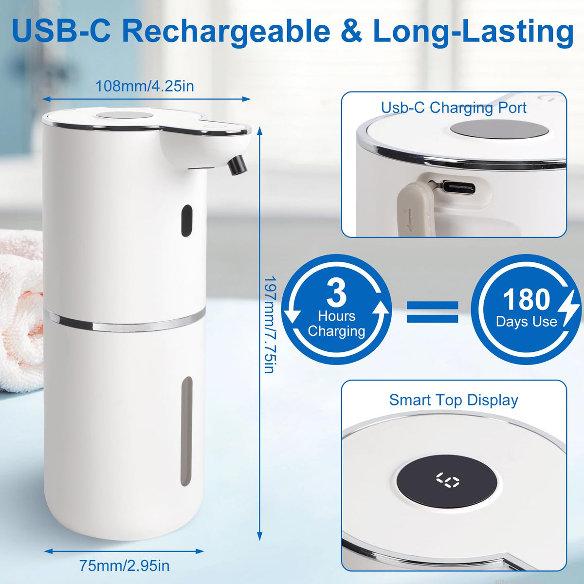 Automatic Soap Dispenser, Hand Soap Dispenser 12.8oz/380ml Smart Rechargeable, Liquid Touchless Soap Dispensers with 6-Level, Wall Mounted or Countertop Dish Soap Dispensing for Bathroom & Kitchen Black