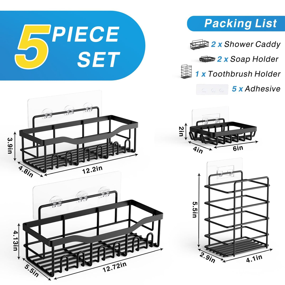 EUDELE Adhesive Shower Caddy, 5 Pack Rustproof Stainless Steel Bath Organizers With Large Capacity, No Drilling Shelves for Bathroom Storage & Home Decor Black