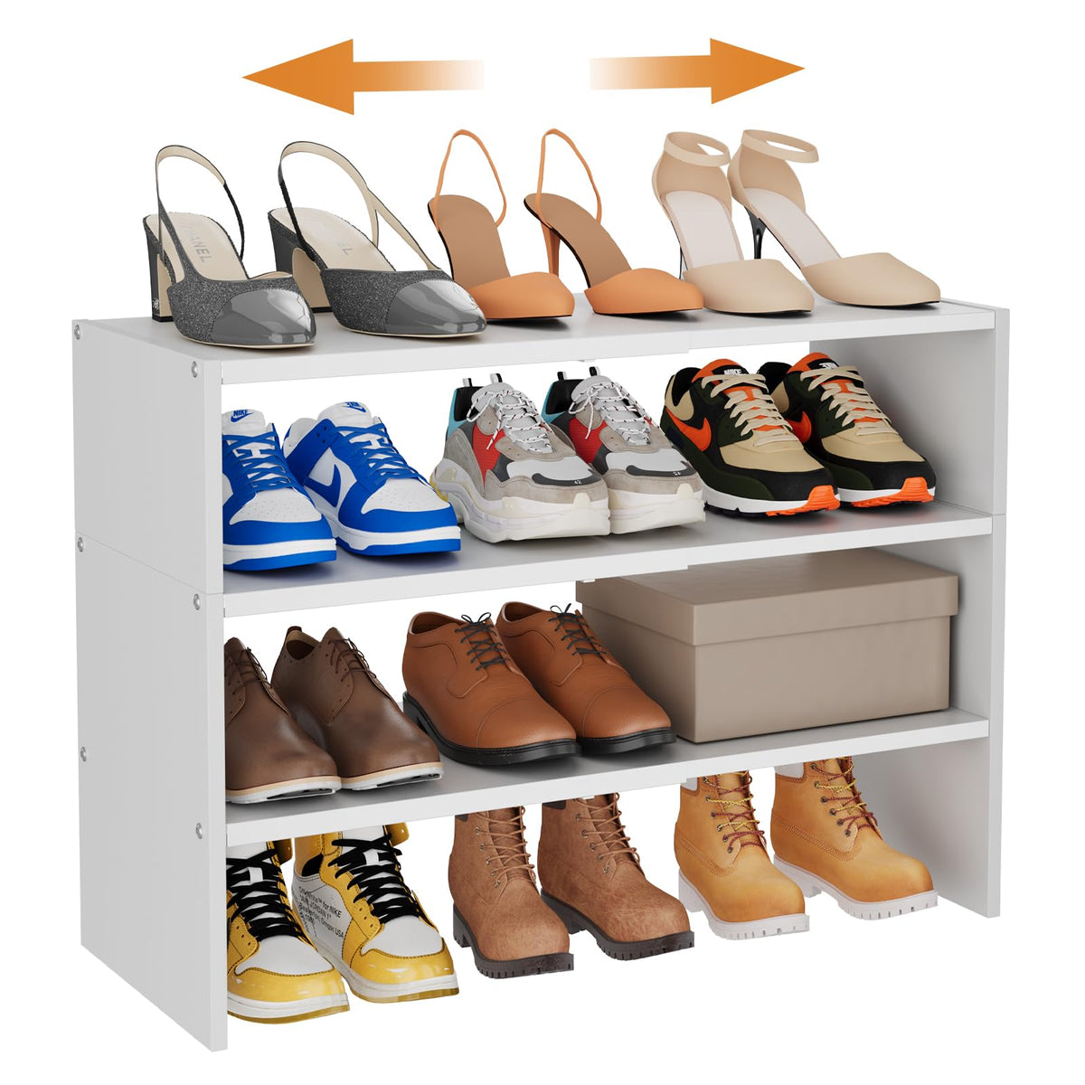 3-Tier Expandable White Shoe Rack Organizer for Closet, Stackable Shoe Racks Storage Shelf, Small Metal Wood Combination Shoe Shelves for Closets,Entryway,Front Door, Narrow Space,Hallway,8-16 Pairs 1 PACK(3-Tier）