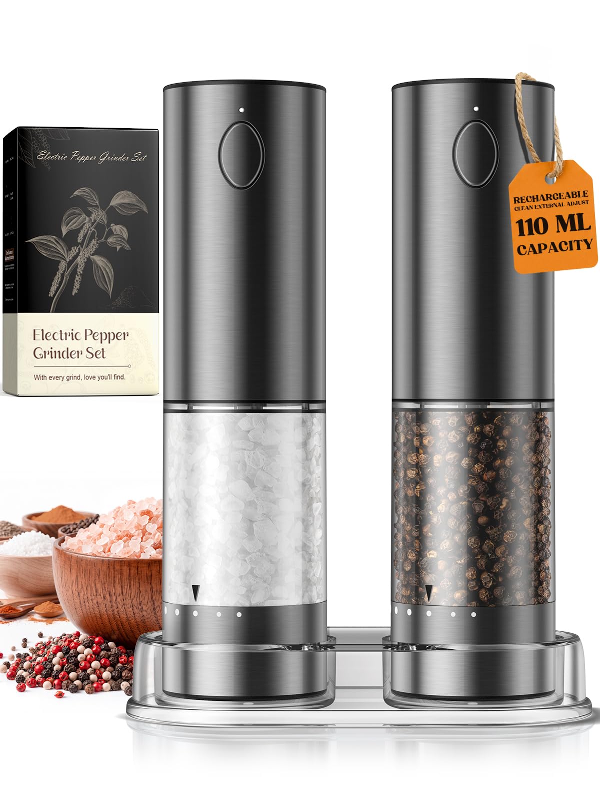 Electric Salt and Pepper Grinder Set, Battery Automatic Salt and Pepper Shaker with Adjustable Coarseness, Large Capacity Pepper Mill with LED White Elephant Gifts(Battery-Stainless Steel) Battery-Stainless Steel 2-Pack