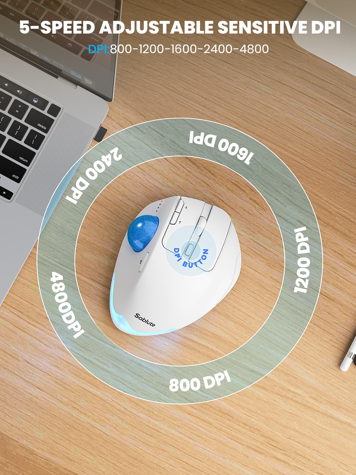 Ergonomic Wireless Trackball Mouse, Rechargeable Adjustable 0°/18° Angle Gray ball