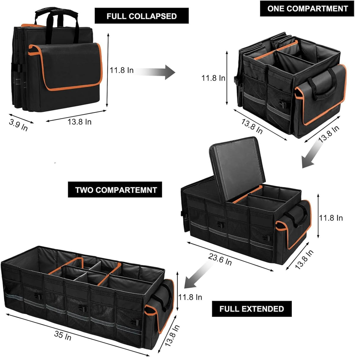 Car Trunk Organizer and Storage with Lid & Removable Leakproof Cooler Bag, Car Accessories 6 Removable Dividers for Custom Space, Collapsible Large Trunk Organizers Interior for SUV Sendan with Cover Black