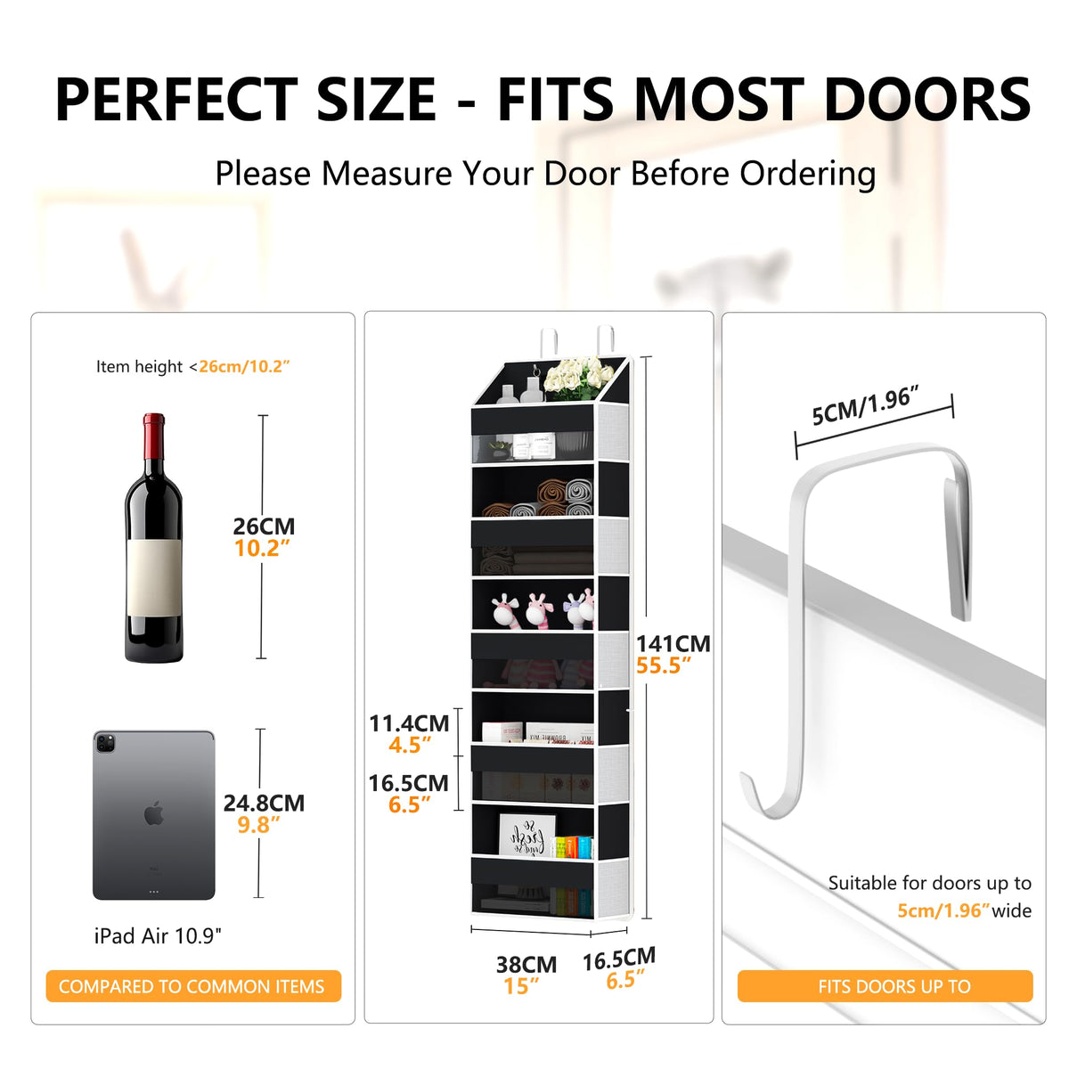 Over The Door Organizer - Over Door Storage Organizer with 5 Large Pockets & 10 Mesh Side Compartments - Heavy-Duty Hanging Storage for Bathroom, Bedroom & Closet - Baby Room Organize - Grey
