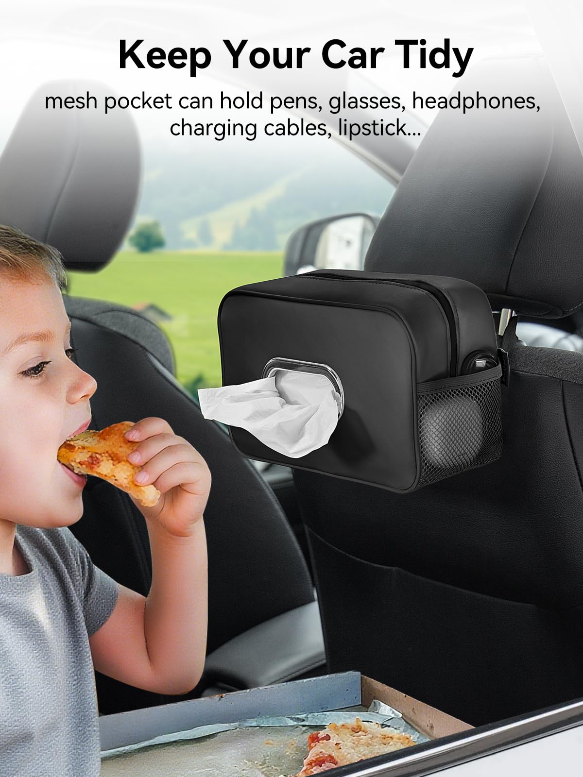 Multi-Functional Car Tissue Holder with ‌2 Storage Nets, Tissue Box Cover Black