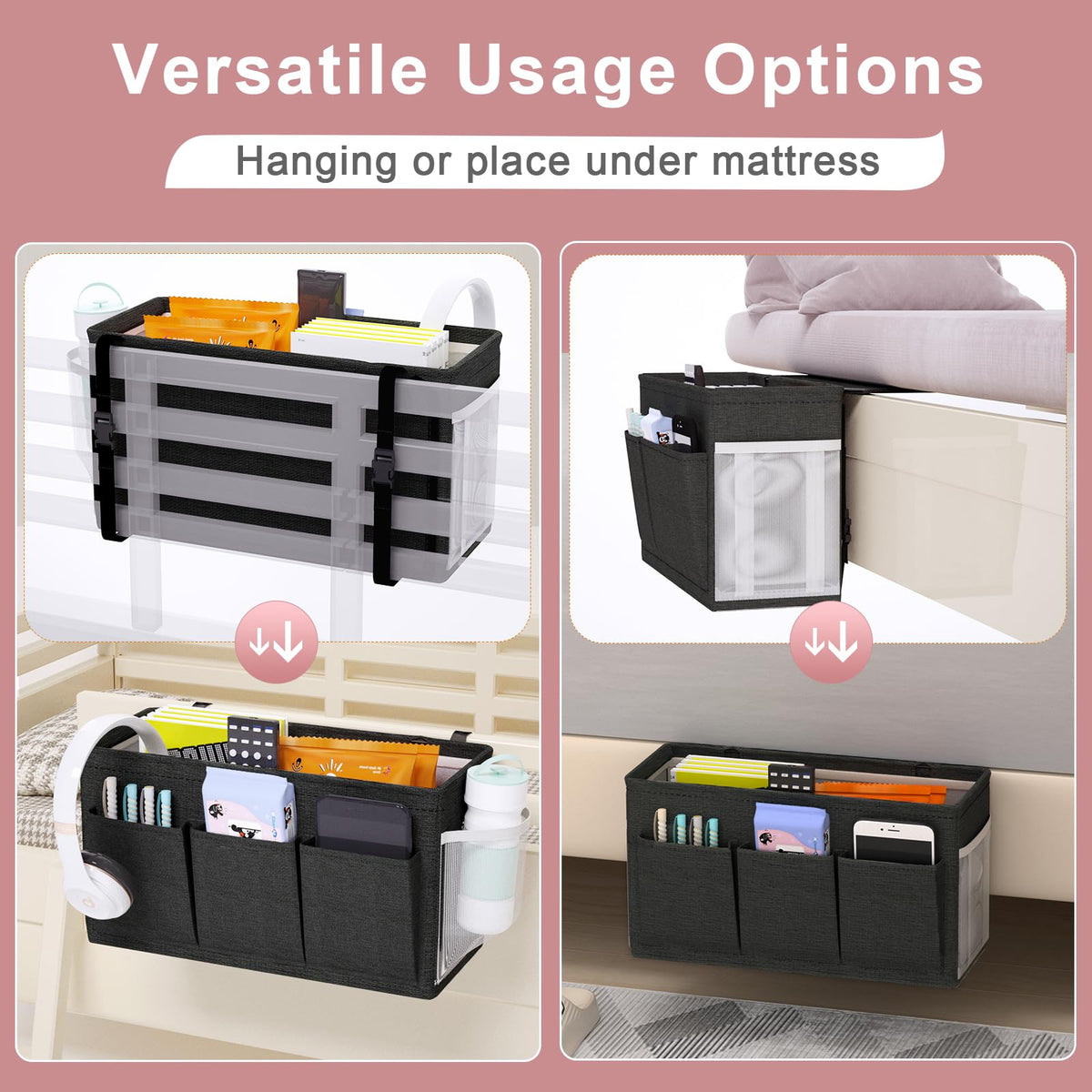 Bedside Caddy Bedside Storage Hanging Organizer for Bunk Dorm Bed Rail New Pink