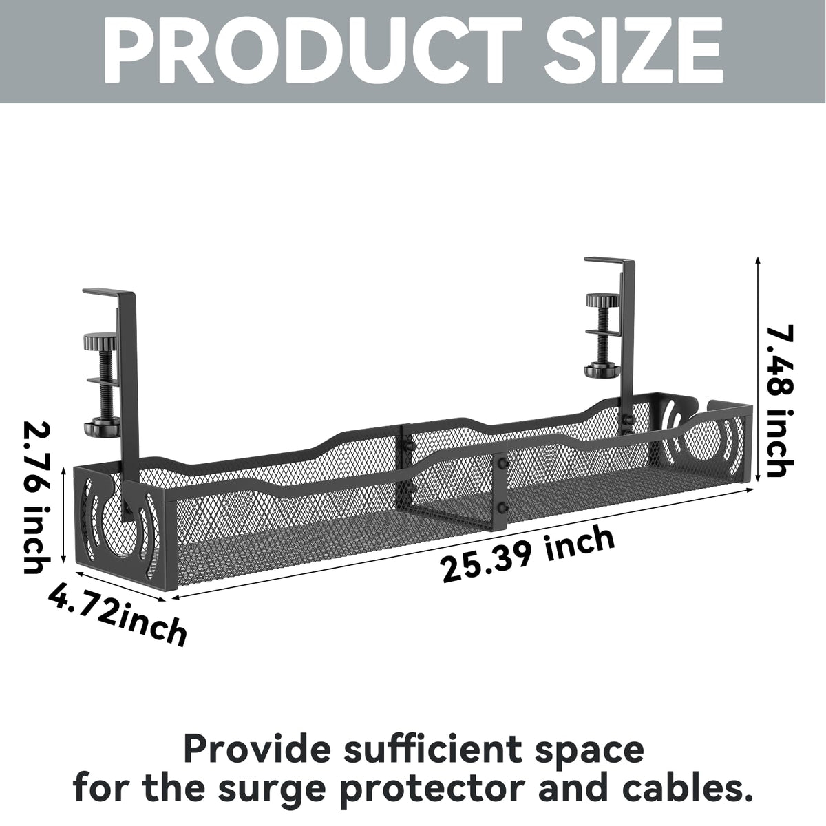 Cable Management, 25.3'' Under Desk Cable Management Tray No Drill 25.3 inch Black
