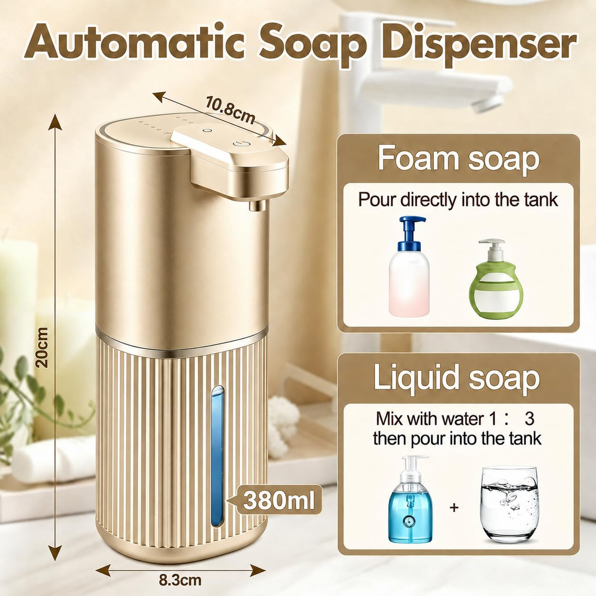 Automatic Soap Dispenser, Foaming Soap Dispenser Touchless with Continuous Dispensing, 4-Level Adjustable, Rechargeable Hand Soap Dispensers, Wall Mounted or Countertop for Bathroom & Kitchen Gold