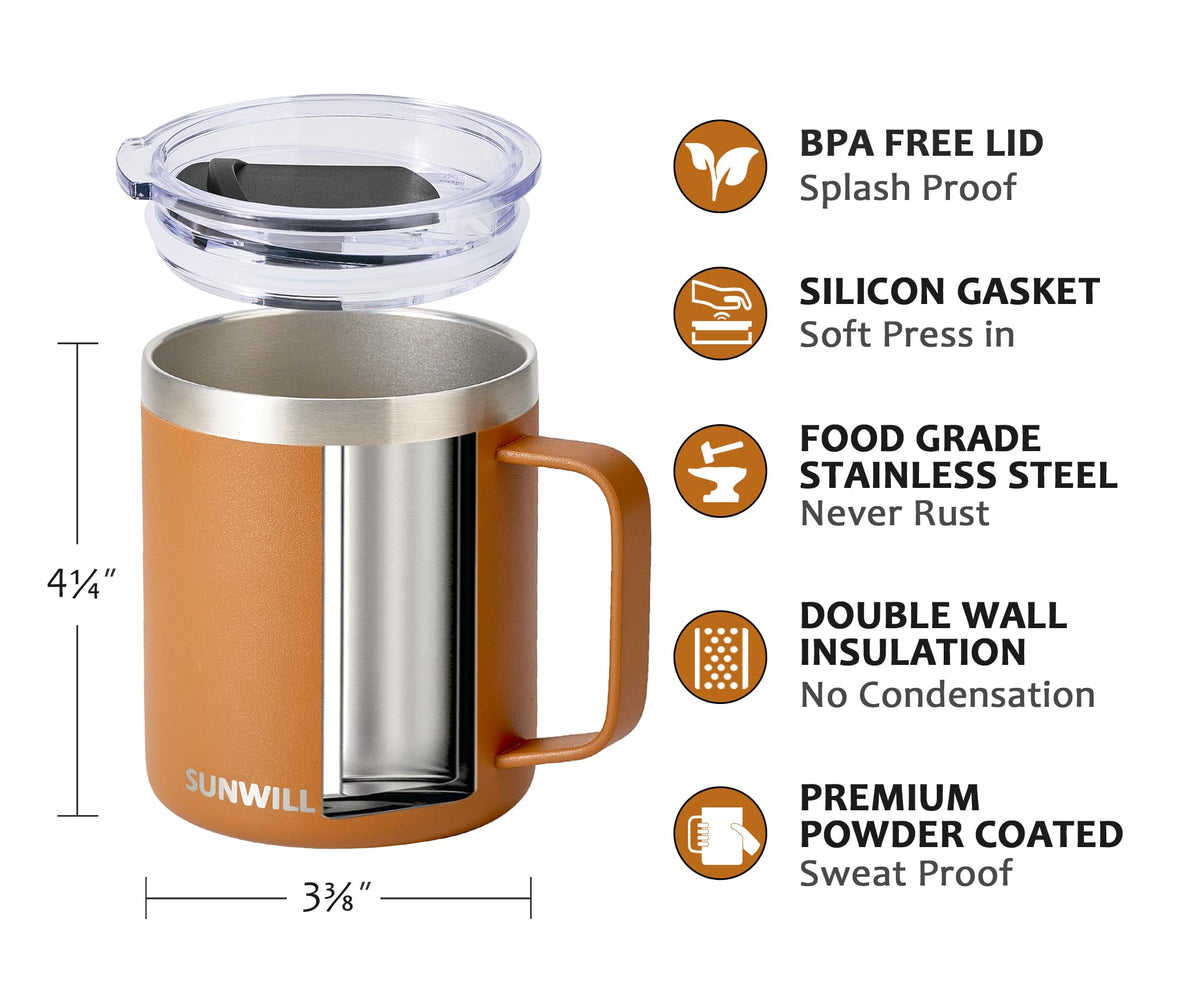 SUNWILL Insulated Coffee Mug, Stainless Steel 14 oz, Splash-Proof Lid Powder Coated Navy Blue 14 Ounces