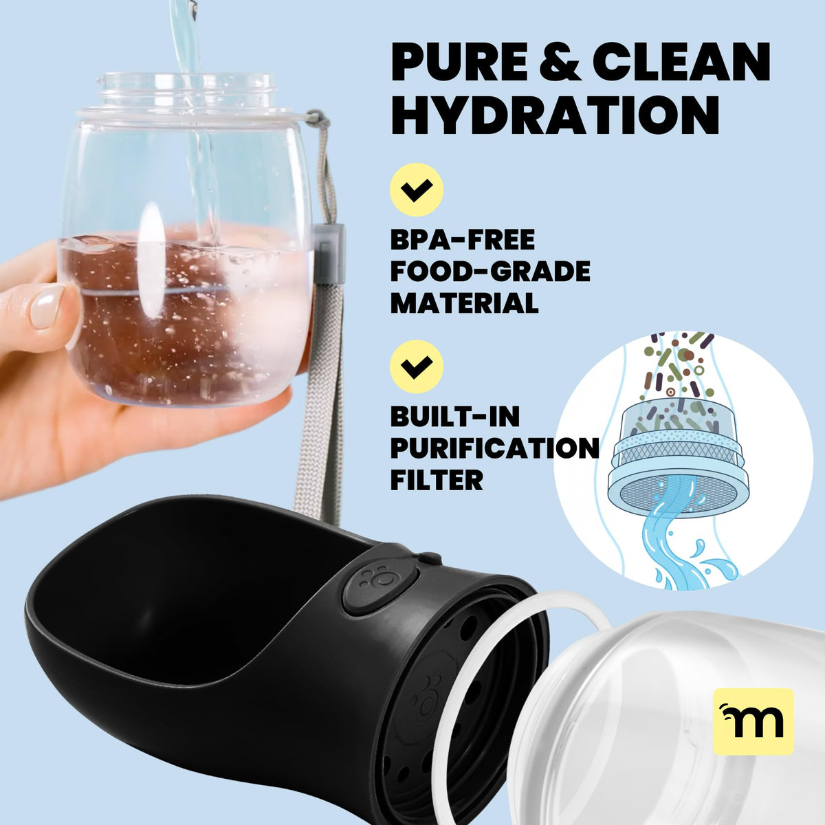 MalsiPree Dog Water Bottle Dispenser - 12 oz Black, Leak-Proof 12oz - Standard