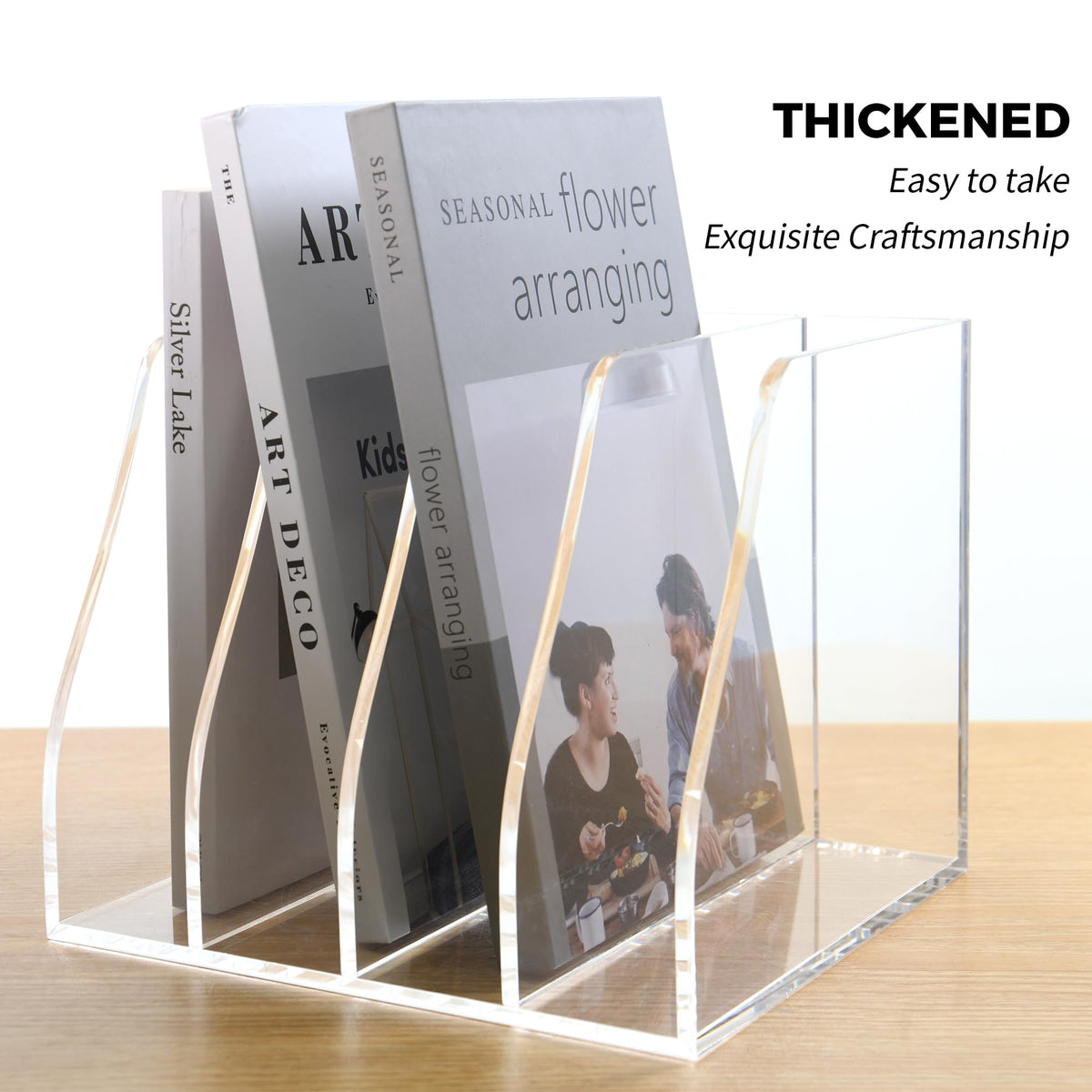 Acrylic Magazine File Holder, 4 Vertical Compartments Desk Document Sorter Organizer, Clear Folder Rack Binder for Office/Home/Classroom, for Documents, Tablet, Magazines, Books & Accessories B5, 4 Sections