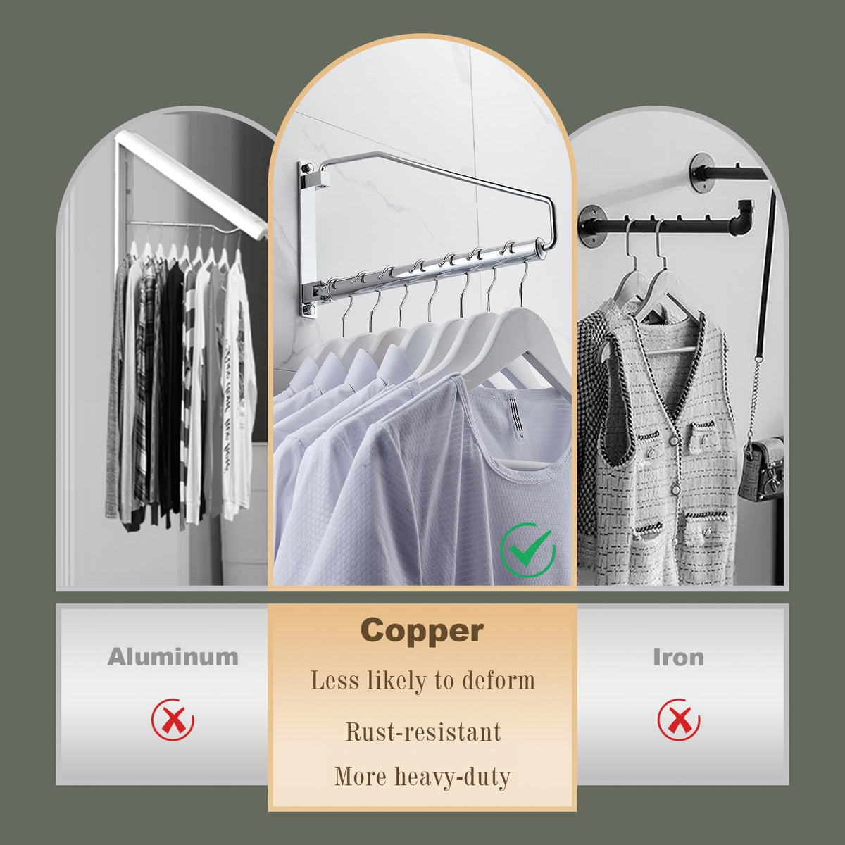 NEWRAIN Folding Wall Mounted Clothes Hanger Rack Clothes Hook Solid Brass with Swing Arm Holder Clothing Hanging System Closet Storage Organizer Heavy Duty Drying Rack Wall Mount,Brushed Gold Triangle Brushed Gold