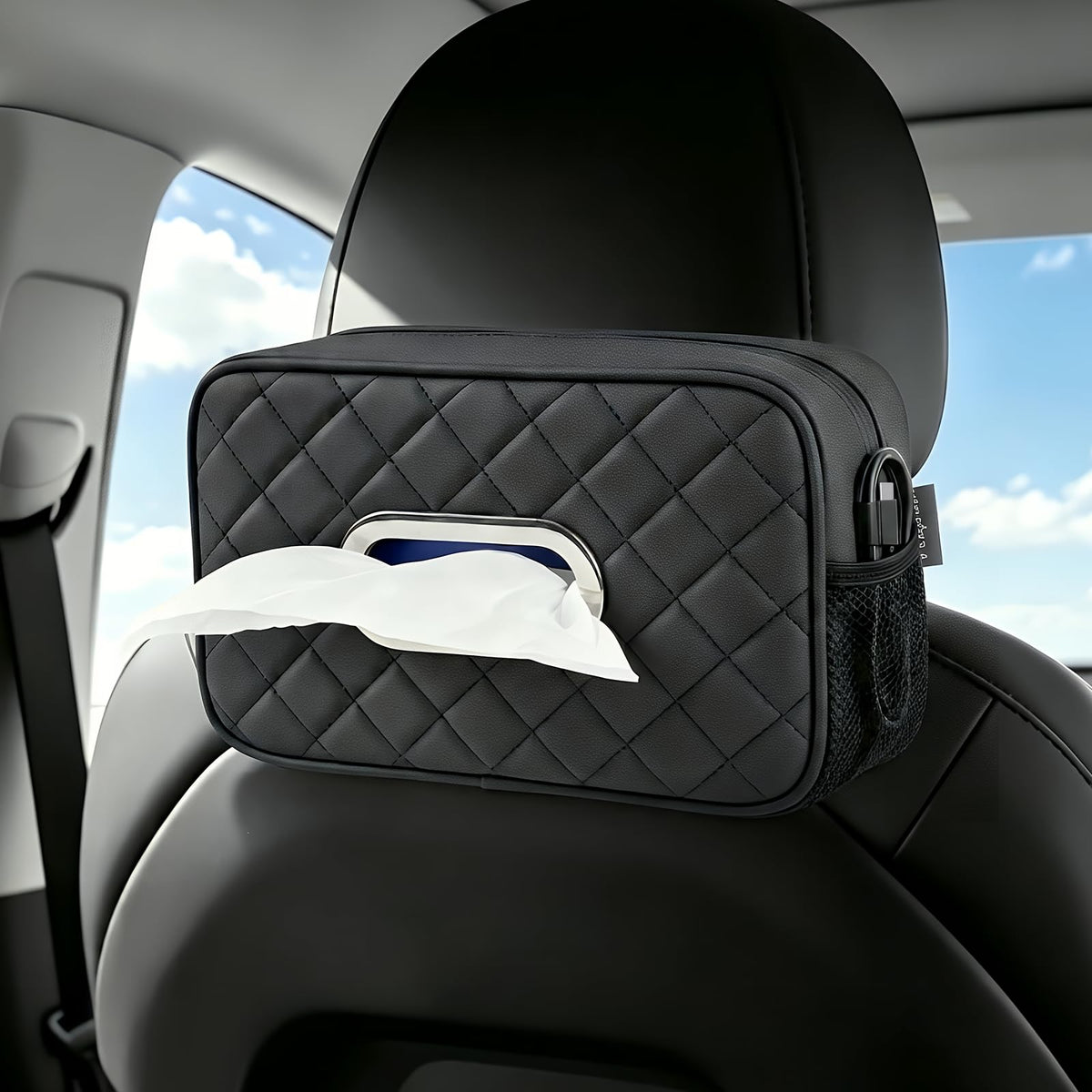 2PCS Multi-Functional Car Tissue Holder with ‌2 Tuck Nets, Tissue Box Cover 2pack Deep Black