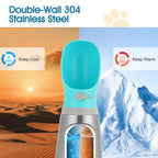 Portable Dog Water Bottle, 14 OZ Stainless Steel Pet Water Dispenser Button switch 14 OZ - Blue