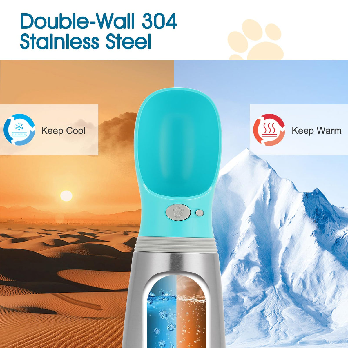 Portable Dog Water Bottle, 14 OZ Stainless Steel Pet Water Dispenser Button switch 14 OZ - Blue