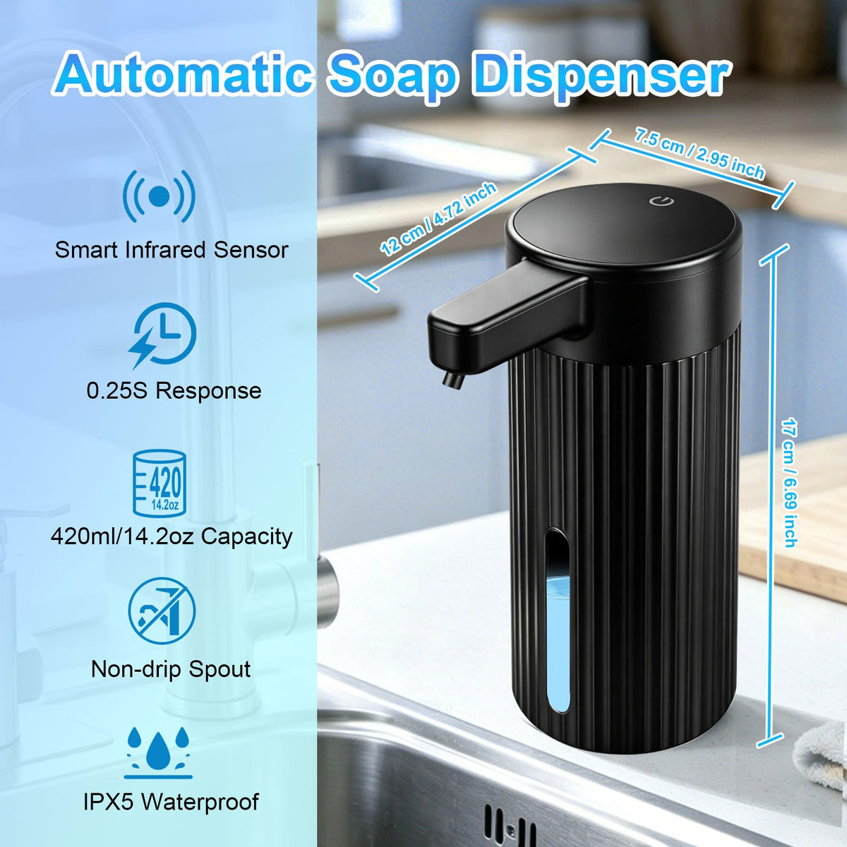 Automatic Liquid Soap Dispenser Touchless, Rechargeable, Adjustable White Gel