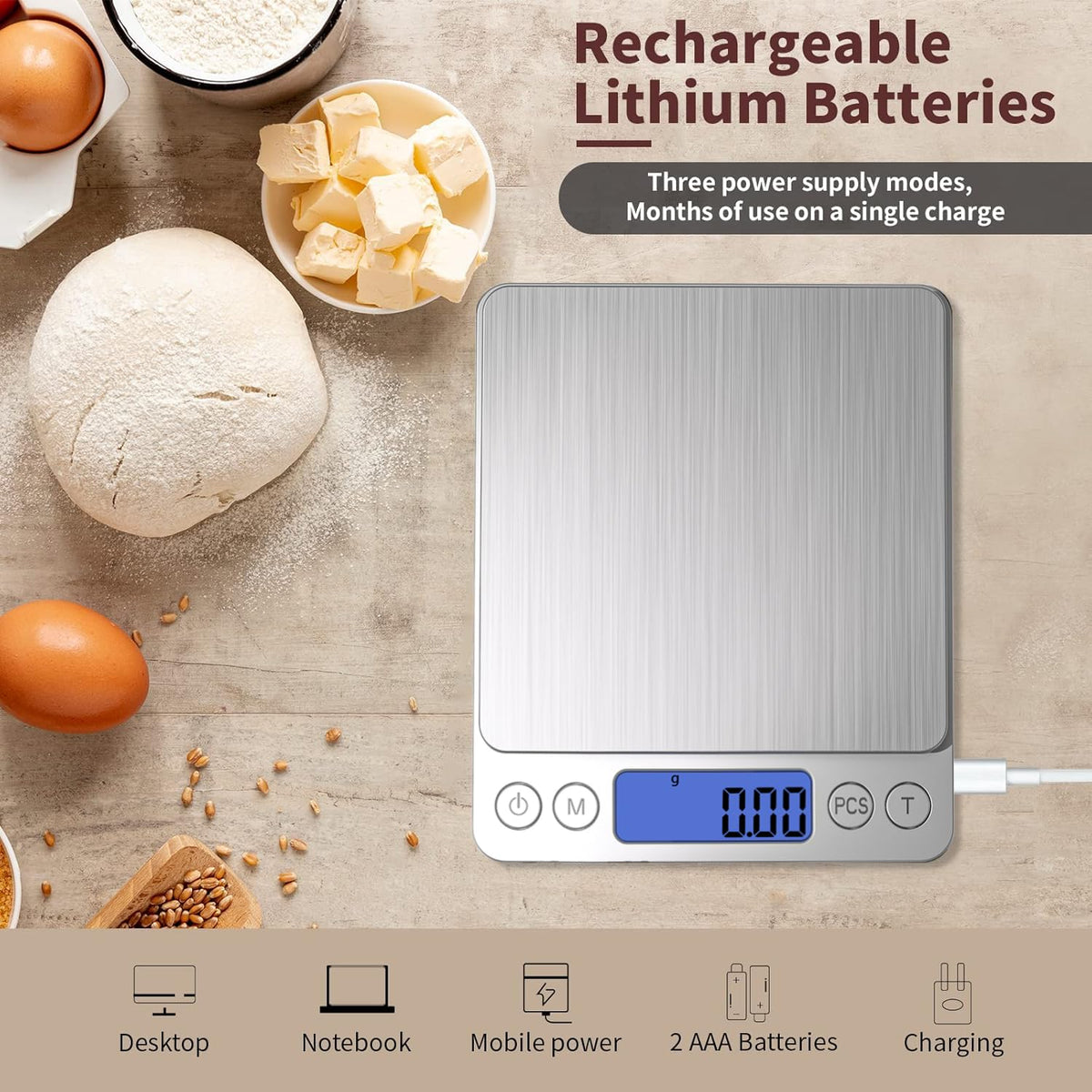 Small Digital Gram Scale 1000g by 0.01g, MEIYA High Accuracy Scale for Food Ounces and Grams, Upgrade USB Charging Kitchen Scale Digital Weight for Cooking, Baking, with Tare Function, 9 Units, 2 Tray Black