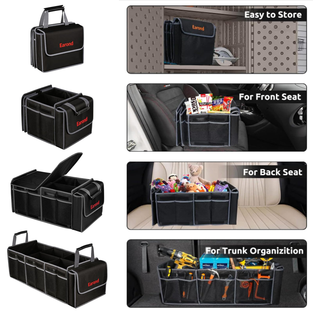Collapsible Trunk Organizer with Insulated Leakproof Cooler Bag,Removable Lid,Adjustable Securing Straps,3 Compartments Trunk Organizer for SUV,Truck,Sedan(Grey & Black) Black&Grey With Cooler