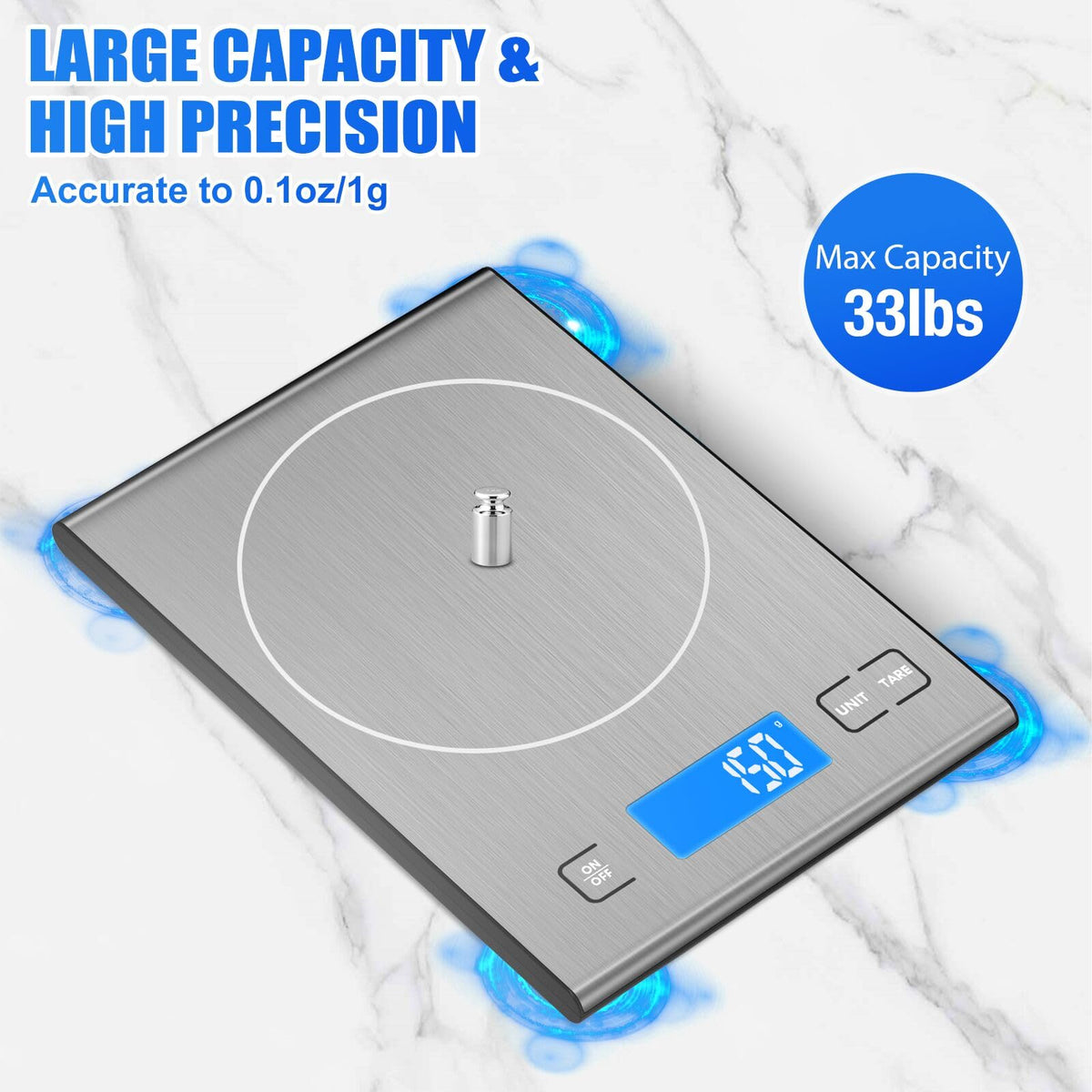 33lb Rechargeable Food Scale, Diyife 304 Stainless Steel Kitchen Scale Silver Medium