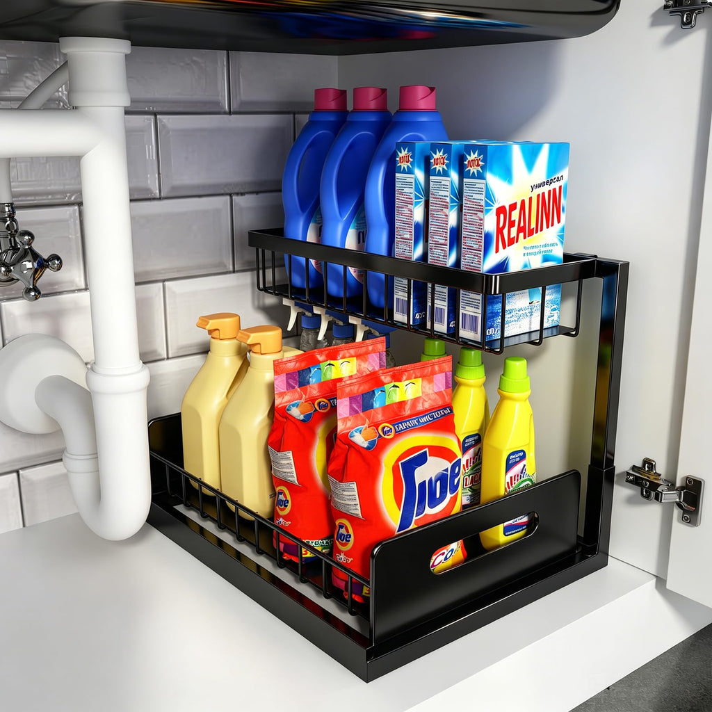 REALINN Under Sink Organizer, L-Shaped Pull Out Cabinet Kitchen