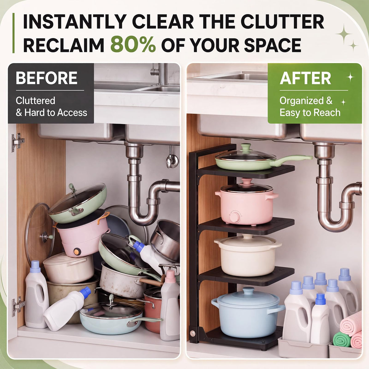 1 Pack 4Tier Pot Pan Organizer Under Cabinet Adjustable Heavy Duty 1