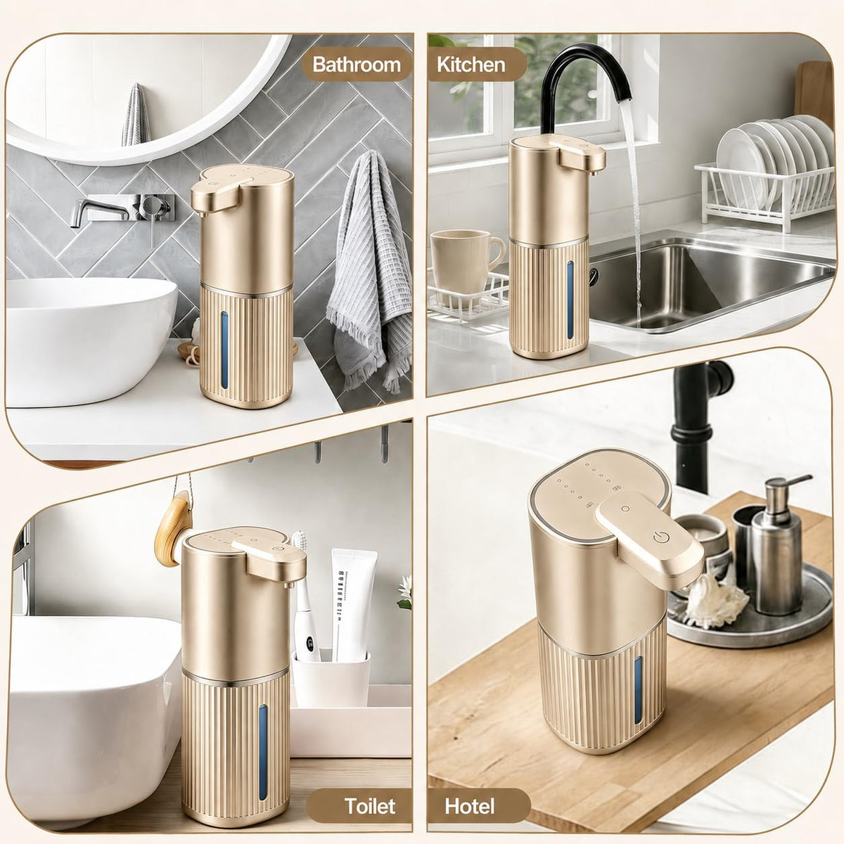 Automatic Soap Dispenser, Foaming Soap Dispenser Touchless with Continuous Dispensing, 4-Level Adjustable, Rechargeable Hand Soap Dispensers, Wall Mounted or Countertop for Bathroom & Kitchen Gold