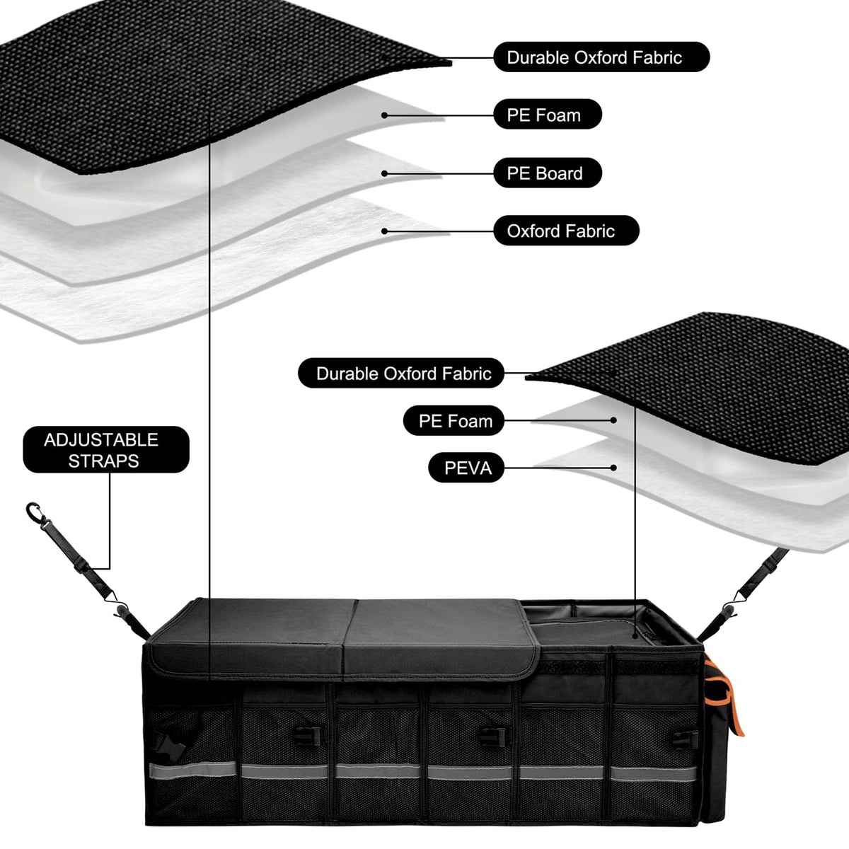 Car Trunk Organizer and Storage with Lid & Removable Leakproof Cooler Bag, Car Accessories 6 Removable Dividers for Custom Space, Collapsible Large Trunk Organizers Interior for SUV Sendan with Cover Black
