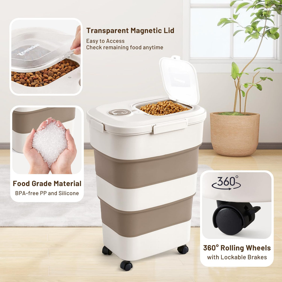 ZOMISIA 40-50lbs Collapsible Dog Food Storage Container with Wheels, Khaki