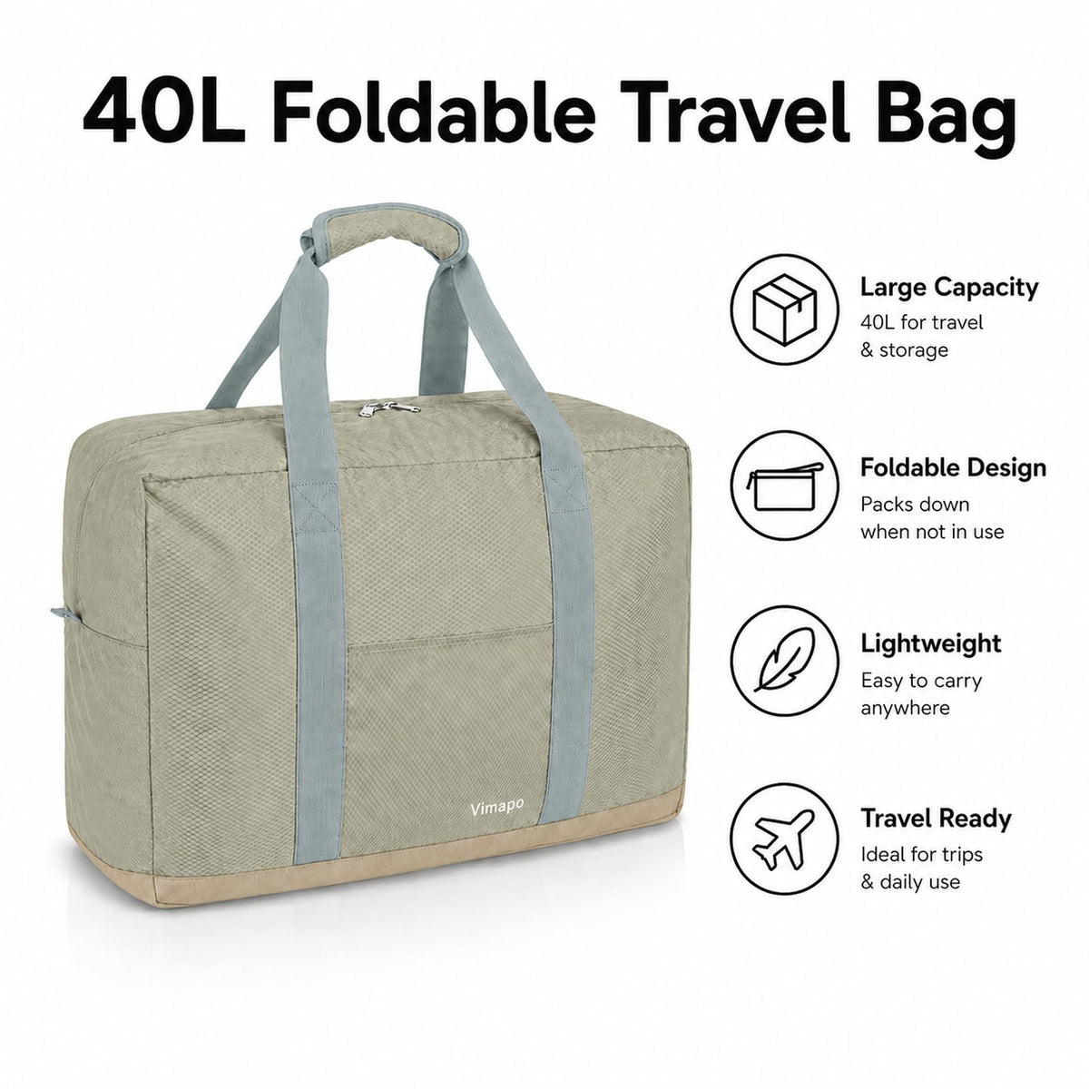 Foldable Travel Duffle Bag with Trolley Sleeve 40L Travel Bag Black